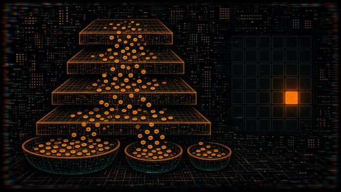 A stepped waterfall of ledger tiers pouring coins into three basins of different sizes, beside a calendar grid of faint squares collapsing into one bright square.