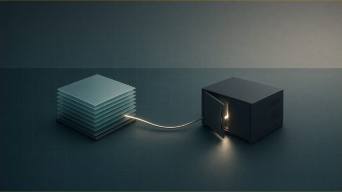 PwC Confirms Cyber Incident at Learning Records Vendor | TSN Illustration of a stack of translucent cards linked by a thin cable to a small dark server box with one panel ajar