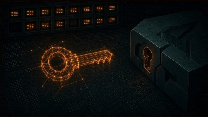 Pythia Labs AI Antibodies Bind 15 of 22 Targets | TSN Illustration of an amber wireframe key being assembled on a design bench beside a dark block with a matching slot