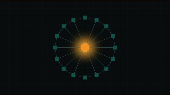 Illustration of a ring of teal squares linked to a glowing amber centre by thin spokes.