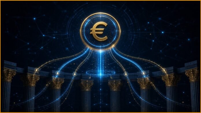 Qivalis Gets Dutch E-Money Licence for Euro Stablecoin Ring of glowing bank-vault nodes linked by light around a central circuit-etched coin