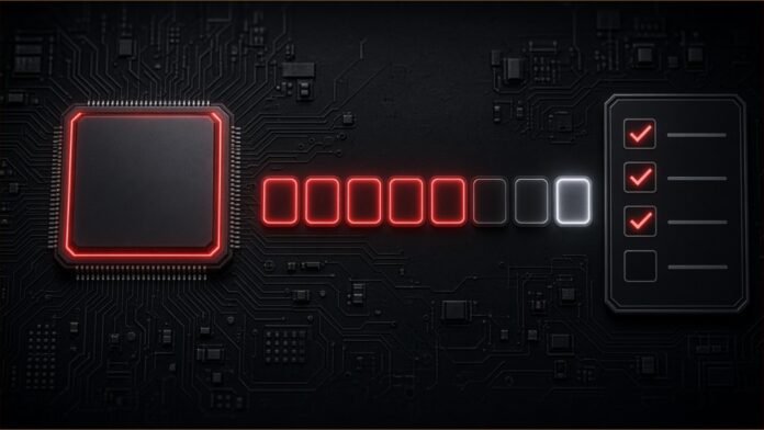 Qualcomm to Cut Jobs Globally, Reuters Reports | TSN Illustration of a smartphone chip on a circuit board beside a row of badge icons, some dimmed, and a review checklist.