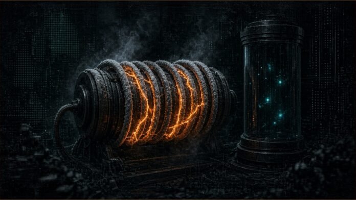 Quantinuum and GE Vernova Study Superconductors | TSN Illustration of a frosted superconducting cable coil glowing amber beside a quantum computer chamber