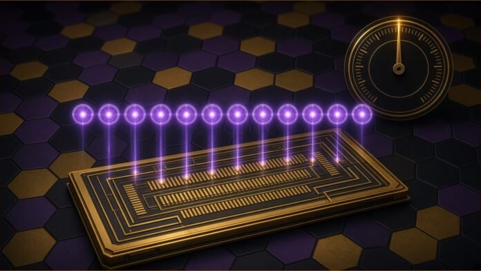 Quantinuum Claims 99.9995% Logical Fidelity | TSN Illustration of trapped ions above a chip on a lattice of coloured tiles.