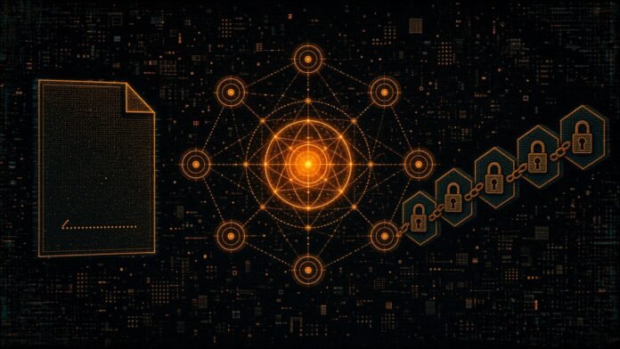 A glowing amber qubit sphere at the centre of a lattice ringed by eight target circles, with a blank unsigned document on one side and a chain of padlocked hexagons on the other.