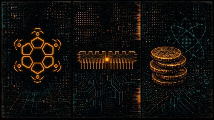 Symbol-only illustration in three panels on a dark circuit grid: a cyan hexagonal molecule ring with spin arrows, a comb-toothed chip strip holding an orange dot, and a stack of coins beside a grid of tiny atom dots.