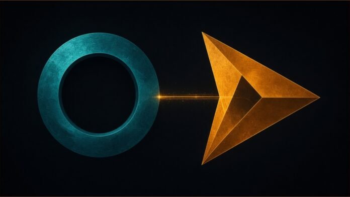 Illustration of a teal ring linked to an amber triangle by a thin beam of light.