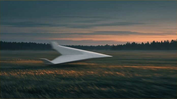 Illustration of a white arrow-shaped drone streaking low over a grassy airfield at dawn, with a treeline behind
