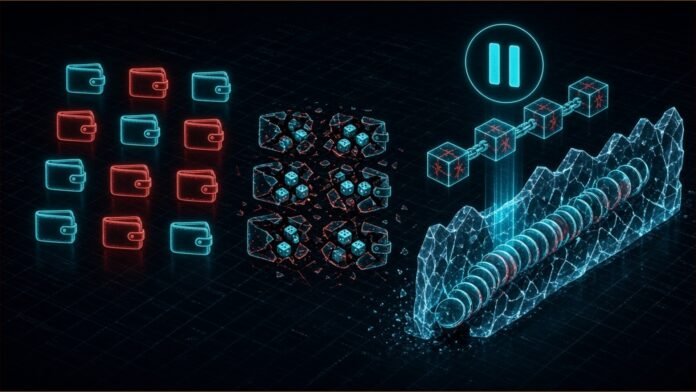 Illustration of glowing wallet icons, some cracked open to show dice, beside a paused chain of blocks and a stream of coins frozen behind an ice barrier.