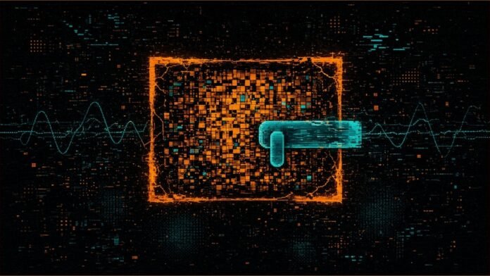 Queensland Bill Targets Creation of Sexual Deepfakes | TSN Illustration of a cracked amber frame filled with abstract glitching pixels, with a teal lock bar sliding across it and teal waveform lines behind