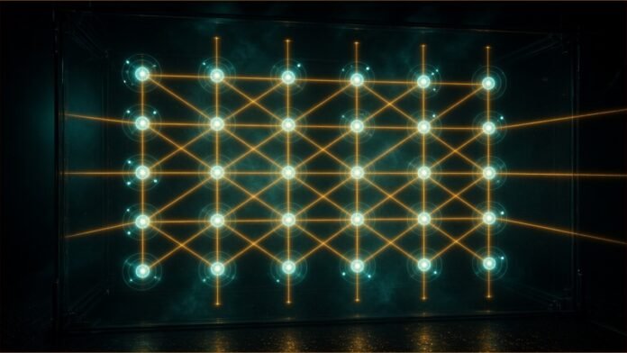 A grid of glowing atoms held in amber laser beams inside a dark chamber.