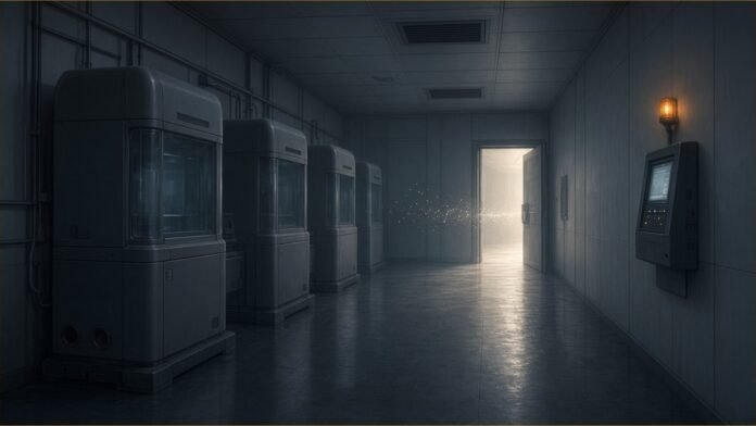 Illustration of a dim, empty laboratory corridor at night with sealed testing machines, an amber warning light and a thin trail of light particles slipping out of an open doorway