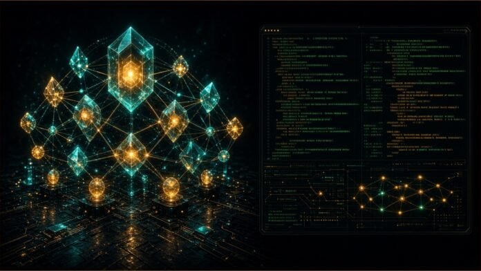 Illustration: a glowing folder icon opening into a web of linked note-nodes, thin cables running to an envelope, a calendar grid and a browser frame, a small padlock on each cable; violet and cyan.