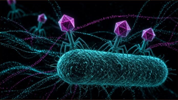 Illustration of stylised phages with geometric heads landing on a rod-shaped bacterium