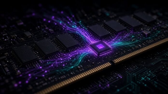 Slim memory module with a glowing power chip feeding current to DRAM packages