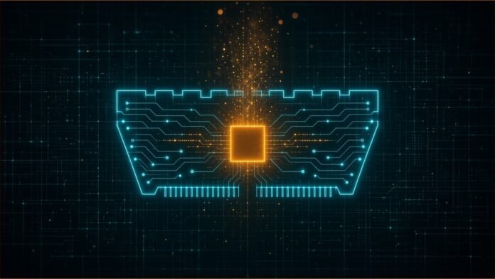 Illustration of a glowing teal memory module outline with a blank amber square at its centre on a dark circuit grid