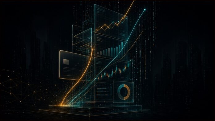 ramp-1-85bn-round-60bn-valuation Illustration: expense-card chip morphing into an AI token meter under a $60bn valuation arch; emerald and charcoal.