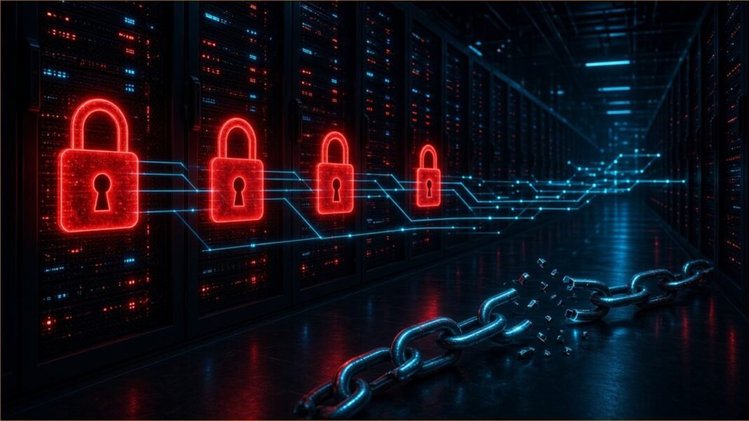Illustration of server racks locked behind glowing red padlocks with a broken chain in the foreground