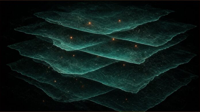 Illustration of rare-earth MXenes concept in teal and amber: thin stacked translucent teal layers floating apart, with small amber points of light between them.