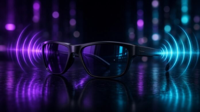 Thick-framed glasses with cyan sound waves flowing from the temples