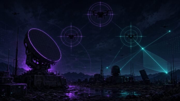 Radar-guided interceptor arcing toward a small drone over a desert base at night