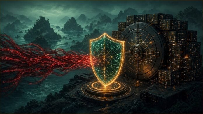 NZ Regulators Set Expectations on Frontier-AI Cyber Risk Fern frond pattern of circuit traces shielding a bank vault, holding back a fractured red signal line