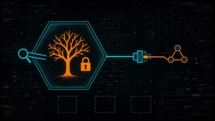 Symbol-only illustration of a locked hexagonal box probed by a magnifier, revealing a branching tree inside, linked by a plug and socket to a cluster of three nodes, with three blank dashed squares along the bottom.