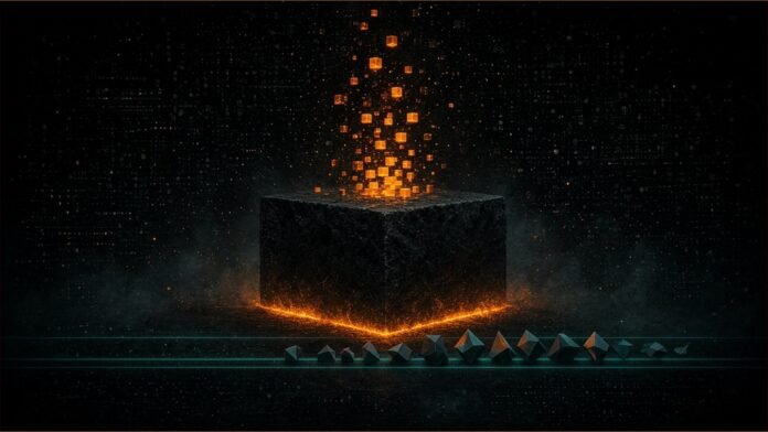 Illustration of a dark block fed by amber cubes from above, turning out a row of finished geometric shapes.