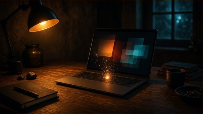 Illustration of a laptop on a wooden desk at night under a lamp, with a spark rising from the keyboard