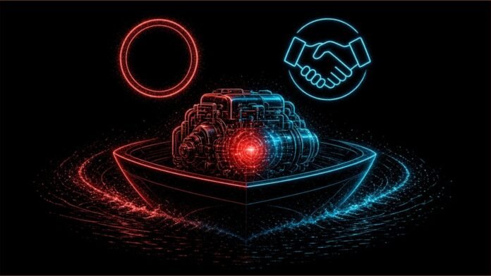 Illustration of a marine engine on an uncrewed boat hull beneath a coin and handshake outline.