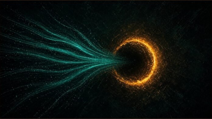 Illustration of teal light streams thinning as they approach a half-closed amber ring.