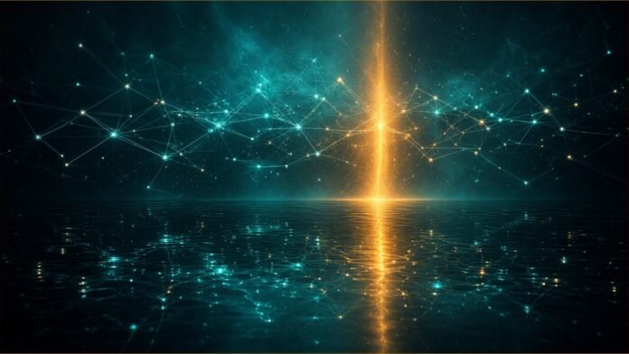 A glowing network lattice above dark water with a rising amber beam.
