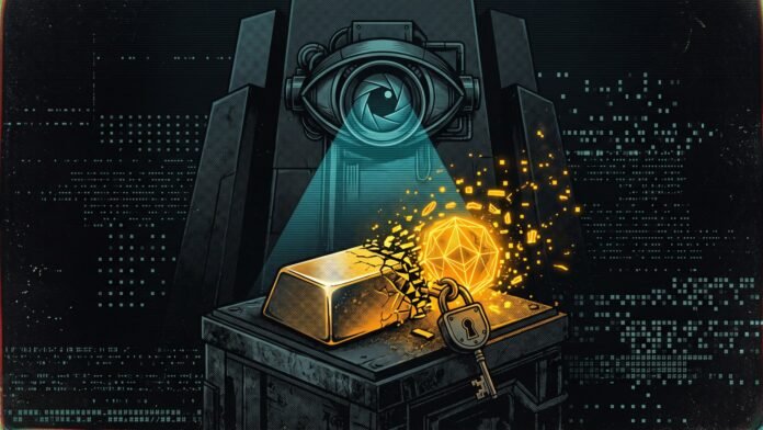 A gold bar cracking into a locked crypto token under a surveillance eye