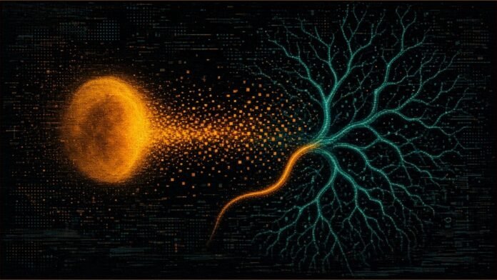 Illustration of a glowing amber orb sending a stream of small blocks into a branching teal tree, with one amber branch rejoining it.