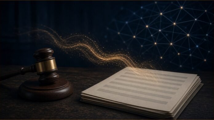 Reservoir Sues Anthropic and Suno Over AI Training | TSN Illustration of a gavel on a dark courtroom bench beside a stack of blank music staves, with streams of light drawn from the pages towards a glowing network lattice