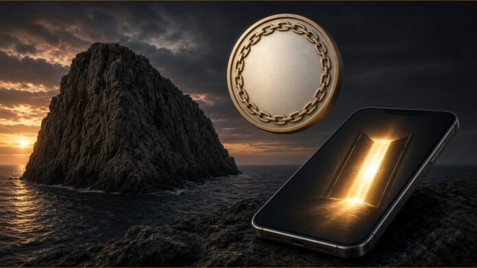 Revolut Gets Gibraltar DLT Permission | TSN Illustration of a rocky headland at dusk beside a blank chain-ringed seal and a phone showing an open gate of light.