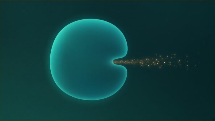 Illustration of Revolve data breach concept in teal and amber: a glowing teal rounded shape with a narrow gap in its edge, through which a thin stream of small amber light particles leaks out and drifts to the right.