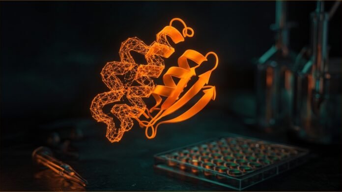 RFD4-Proteina: UW and NVIDIA's Open Protein Model | TSN Illustration of a glowing orange protein ribbon, half wireframe, floating above a lab bench with a well plate and pipette