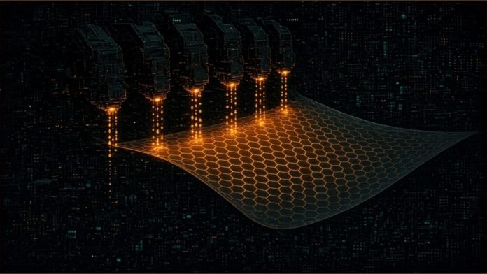 Illustration of inkjet nozzles printing amber droplets that form a thin, flexible solar film