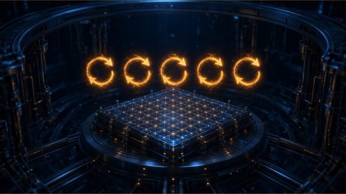 Five glowing amber spin symbols above a silicon chip lattice in a dark chamber.