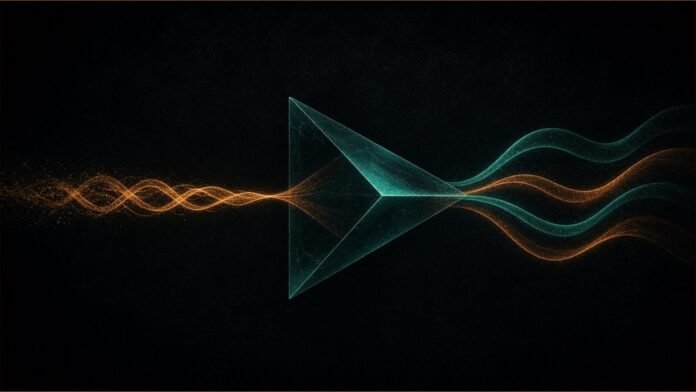 Rime Launches Prism Speech-to-Speech Model | TSN Illustration of an amber waveform passing through a teal prism and splitting into several waves.