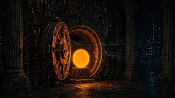 Illustration of an amber-lit round vault door opening in a columned stone hall, a glowing amber disc on a plinth inside and teal lines running to distant lights