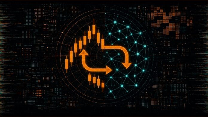 Cypherpunk clock face of candlestick charts and on-chain nodes with a looping swap arrow