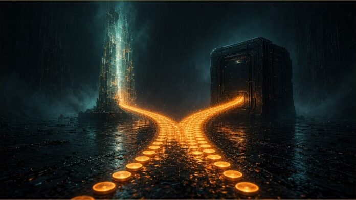 Illustration of two glowing conduits merging into one stream of coin-shaped light pulses on a rain-slick floor at night