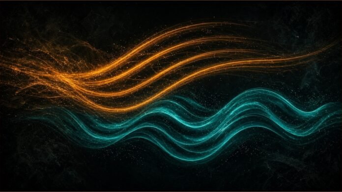 Illustration of amber energy curves sweeping above rippling teal waveform ribbons.