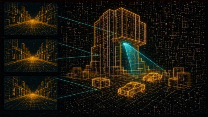 Illustration of a glowing amber wireframe 3D street scene linked by cyan lines to a column of camera-feed frames