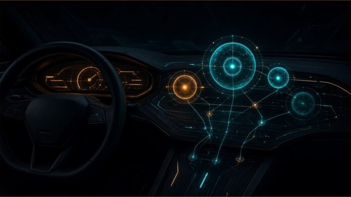 Illustration: an electric car dashboard silhouette with a glowing traffic-light-like router splitting voice waves to a small on-board chip and a distant cloud; steering wheel outlined in a protective red ring.