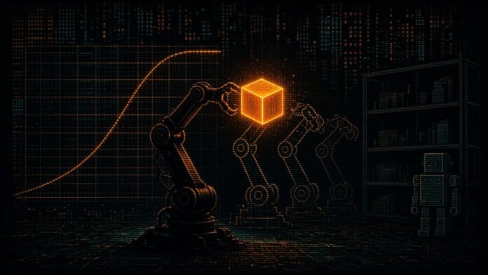 A robotic arm grips a glowing amber cube while dotted ghost copies of the arm show its next moves, beside a flattening curve and a small boxy robot by shelves.