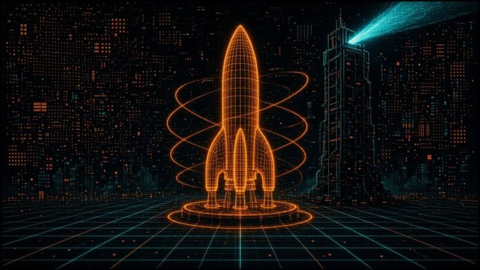 Illustration of a glowing amber wireframe rocket on a grid launch pad, circled by orbit lines, beside a dark tower casting a cyan beam.