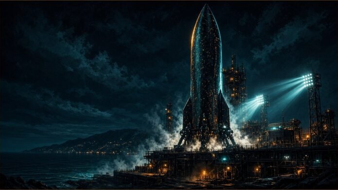 Tall dark rocket silhouette on a coastal launch pad under a calendar grid sky